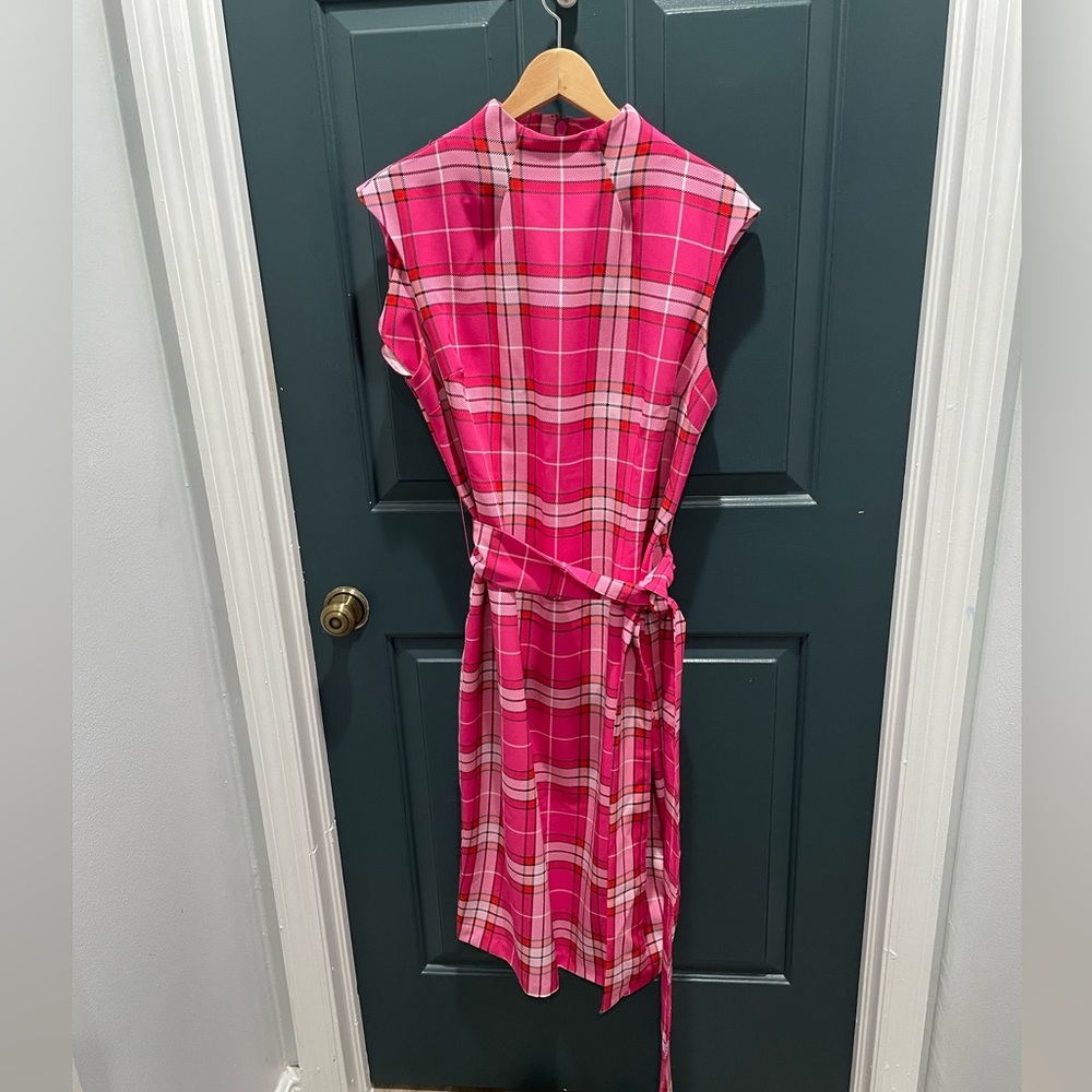 Pink plaid shift dress.
